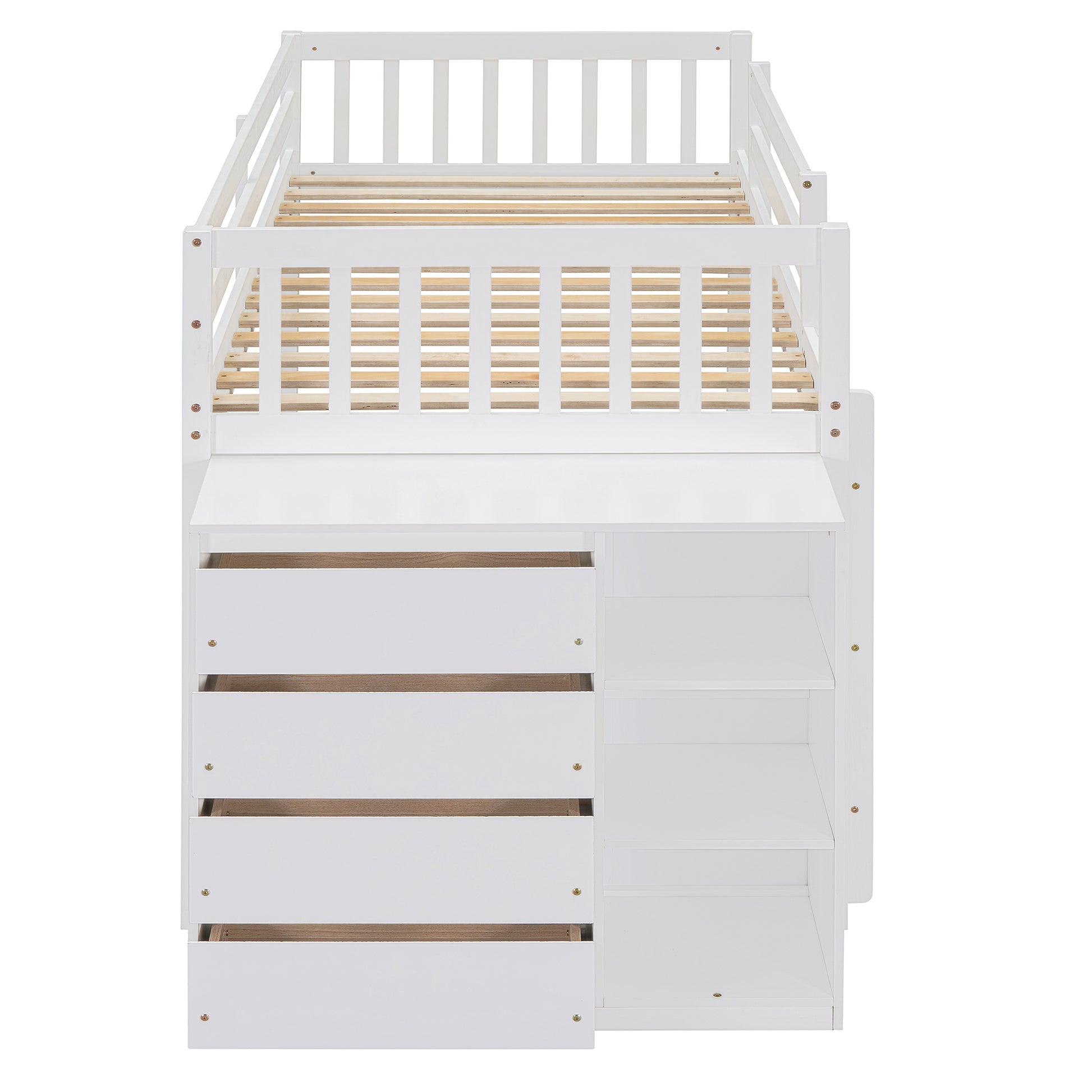White wooden loft bed with integrated drawers and shelving