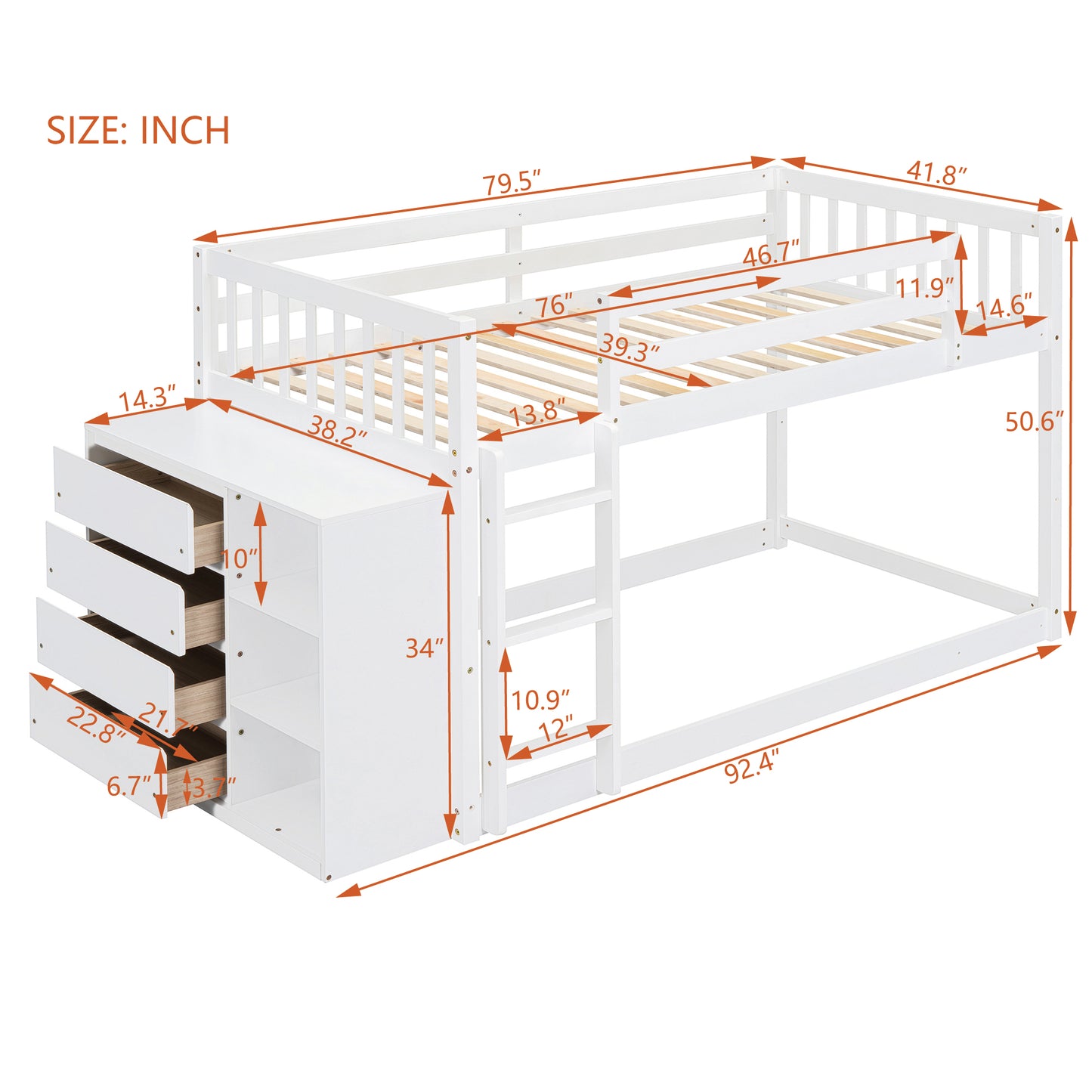 White twin loft bed with stairs and storage drawers