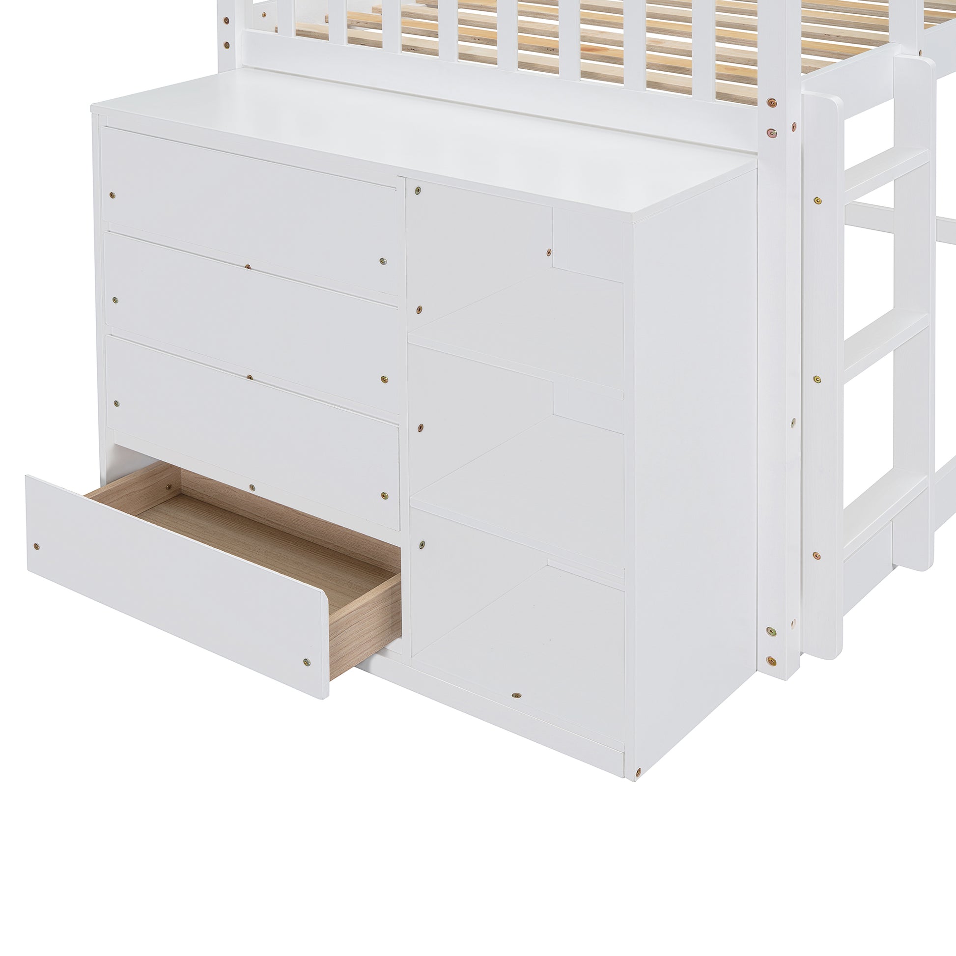 White loft bed with builtin drawers and shelving