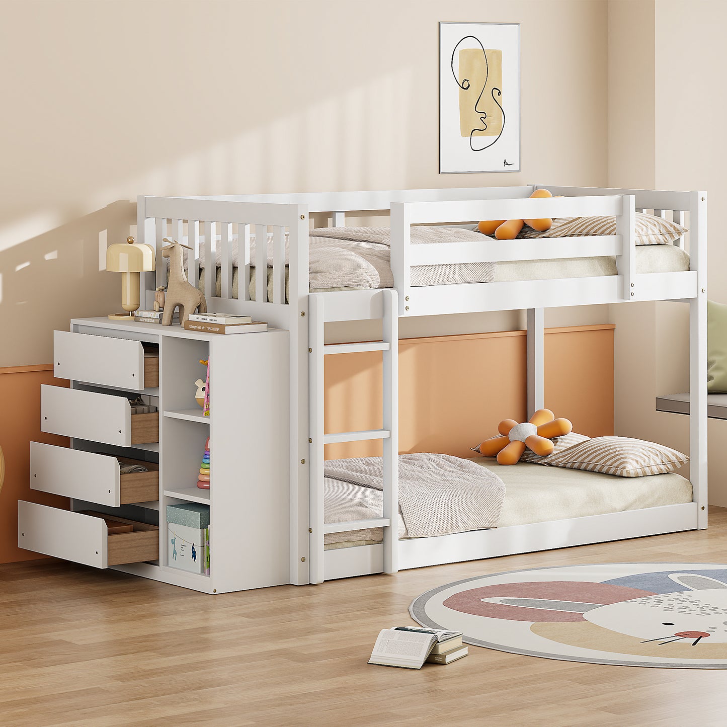 White twin over twin bunk bed with integrated storage drawers and shelves