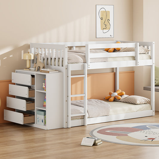 White twin over twin bunk bed with integrated storage drawers and shelves