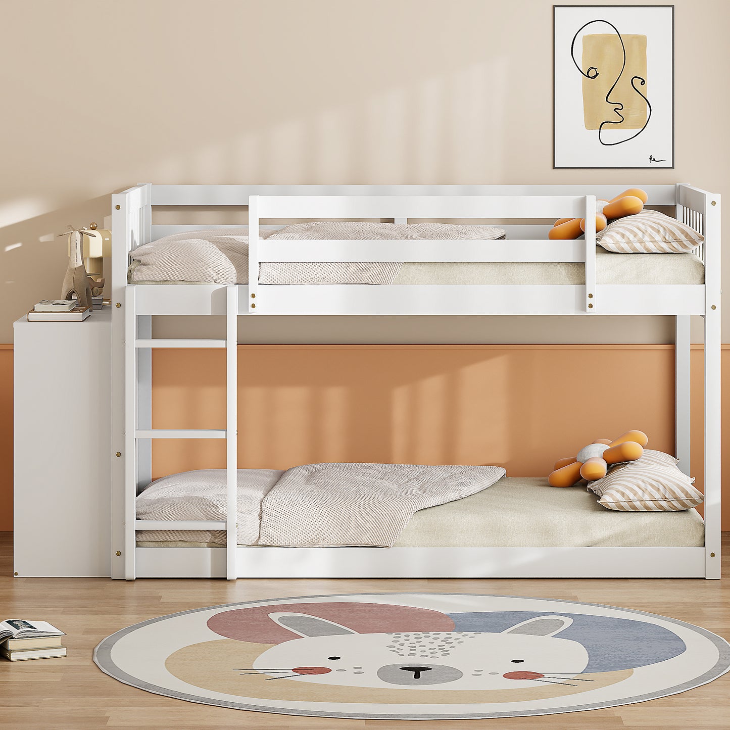 White wooden bunk bed with integrated ladder and storage