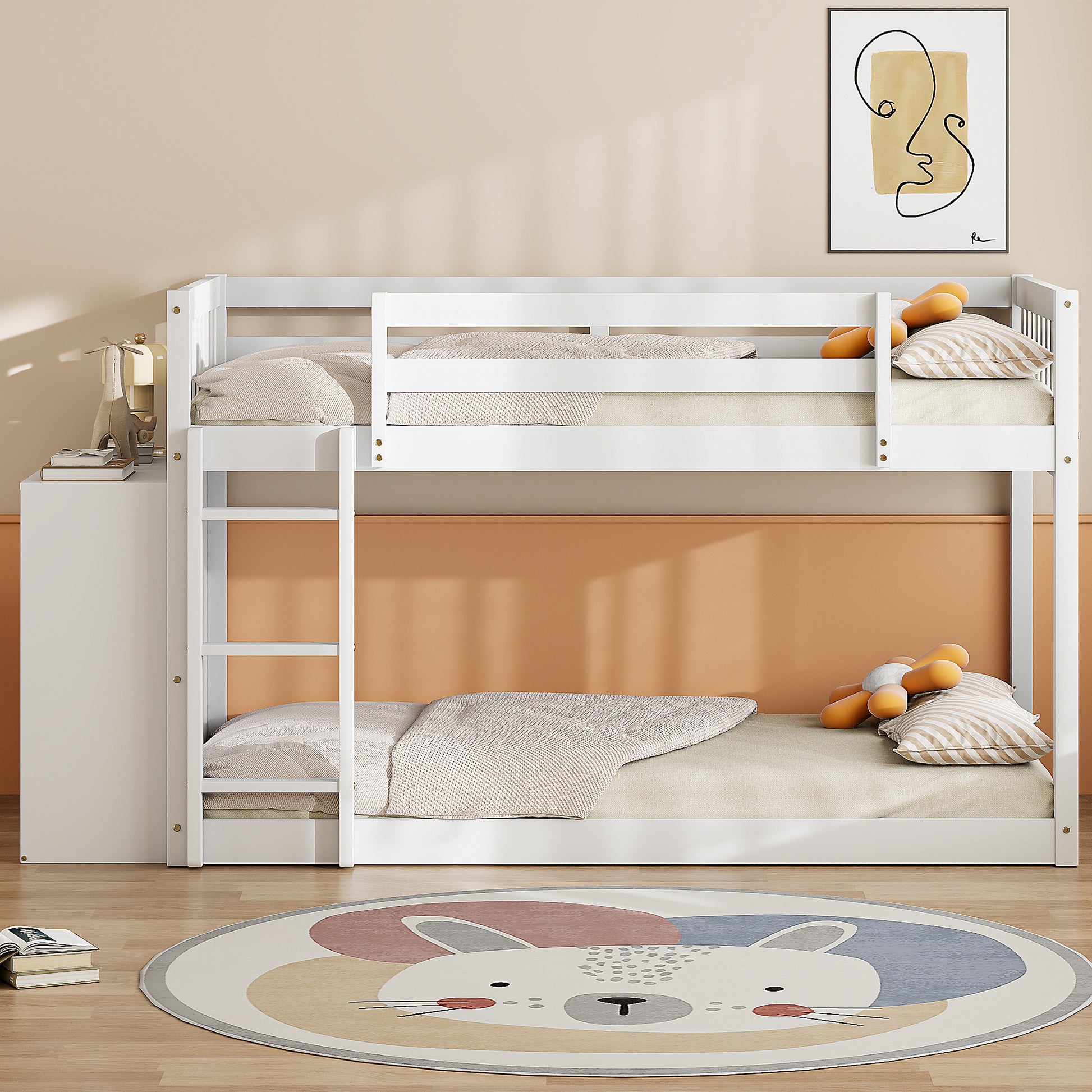 White wooden bunk bed with integrated ladder and storage