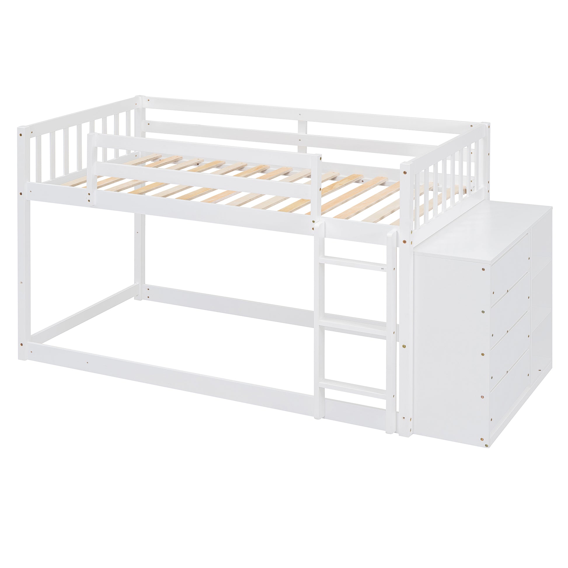 White wooden twin over twin bunk bed with integrated drawers