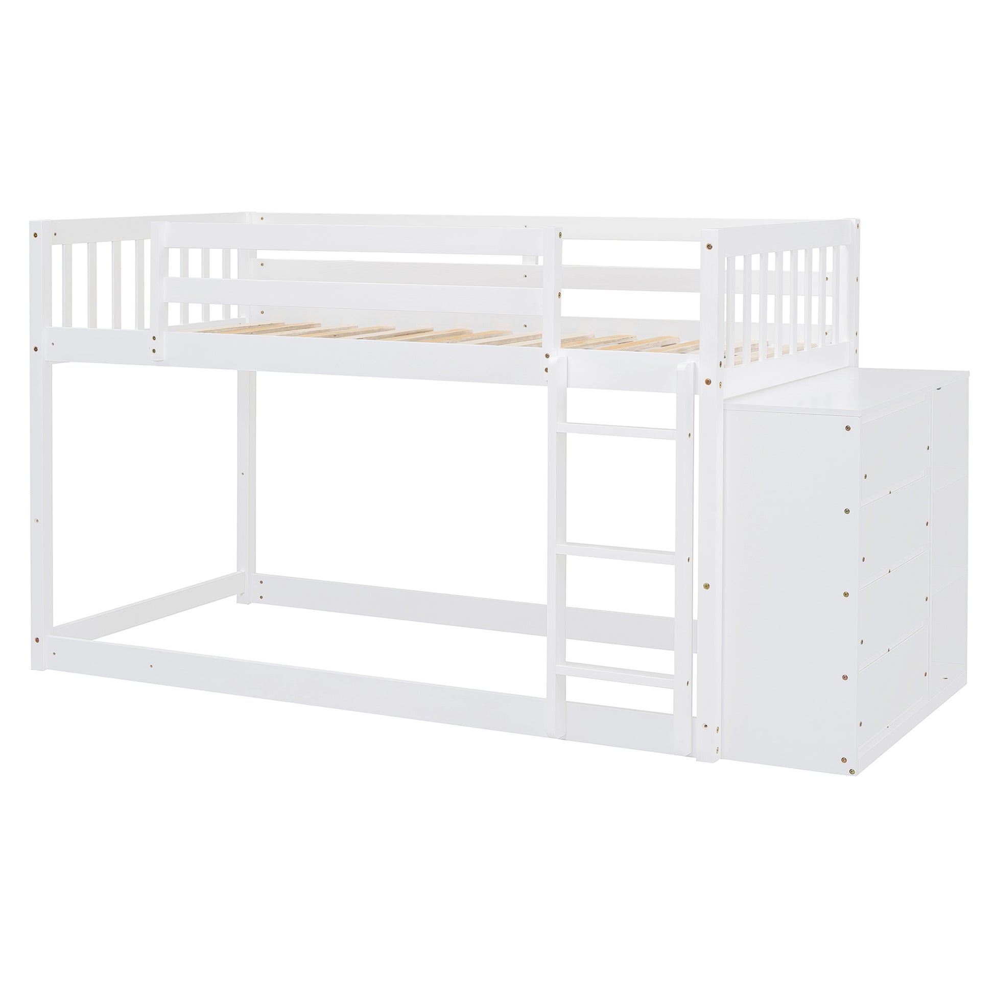 White wooden bunk bed with integrated drawers and ladder