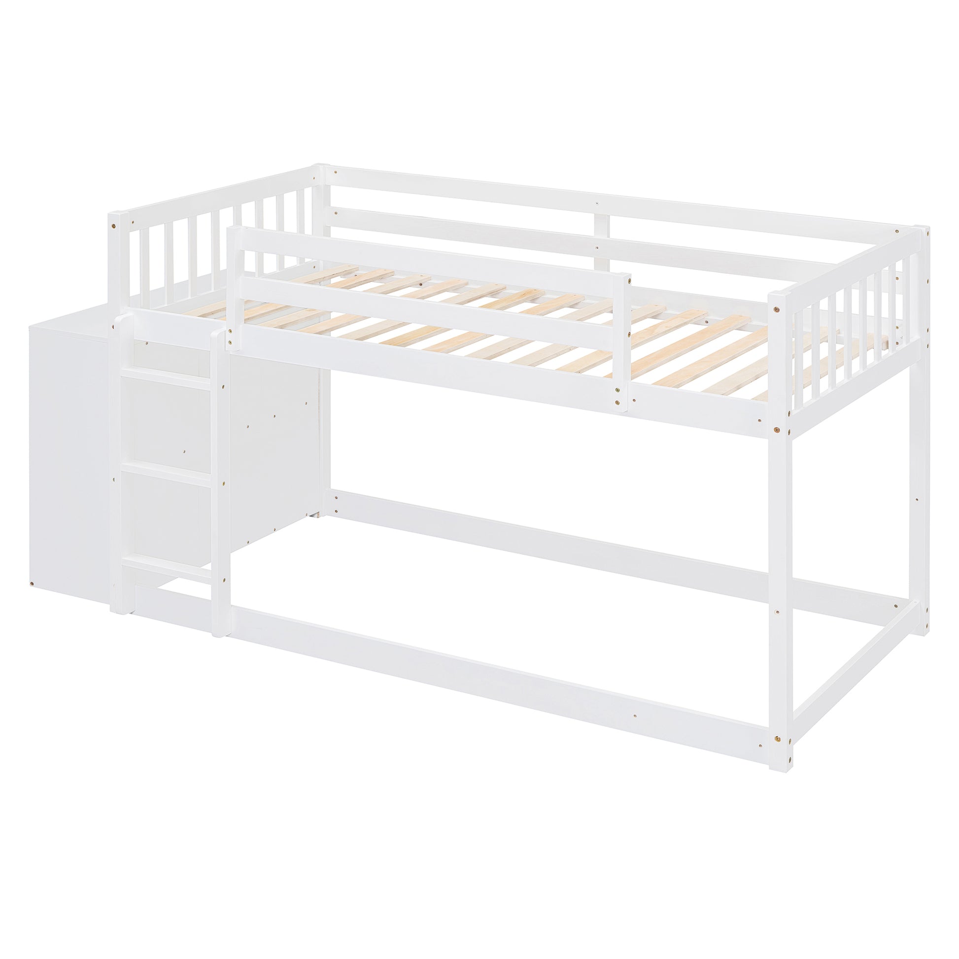 White twin loft bed with integrated storage and ladder