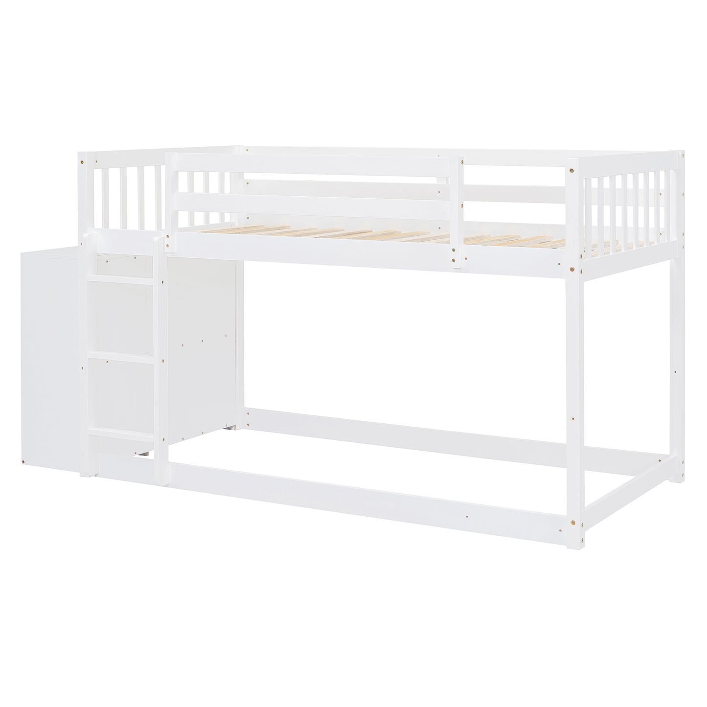 White wooden bunk bed with integrated storage and ladder