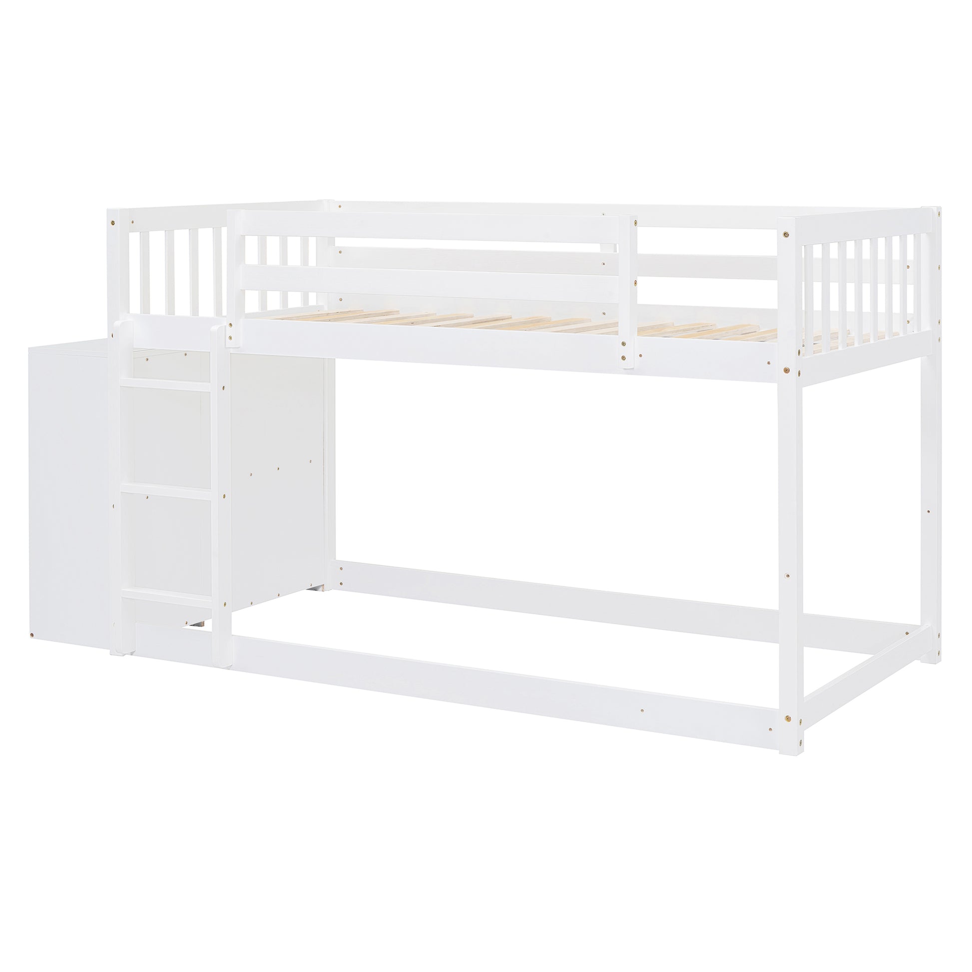 White wooden bunk bed with integrated storage and ladder