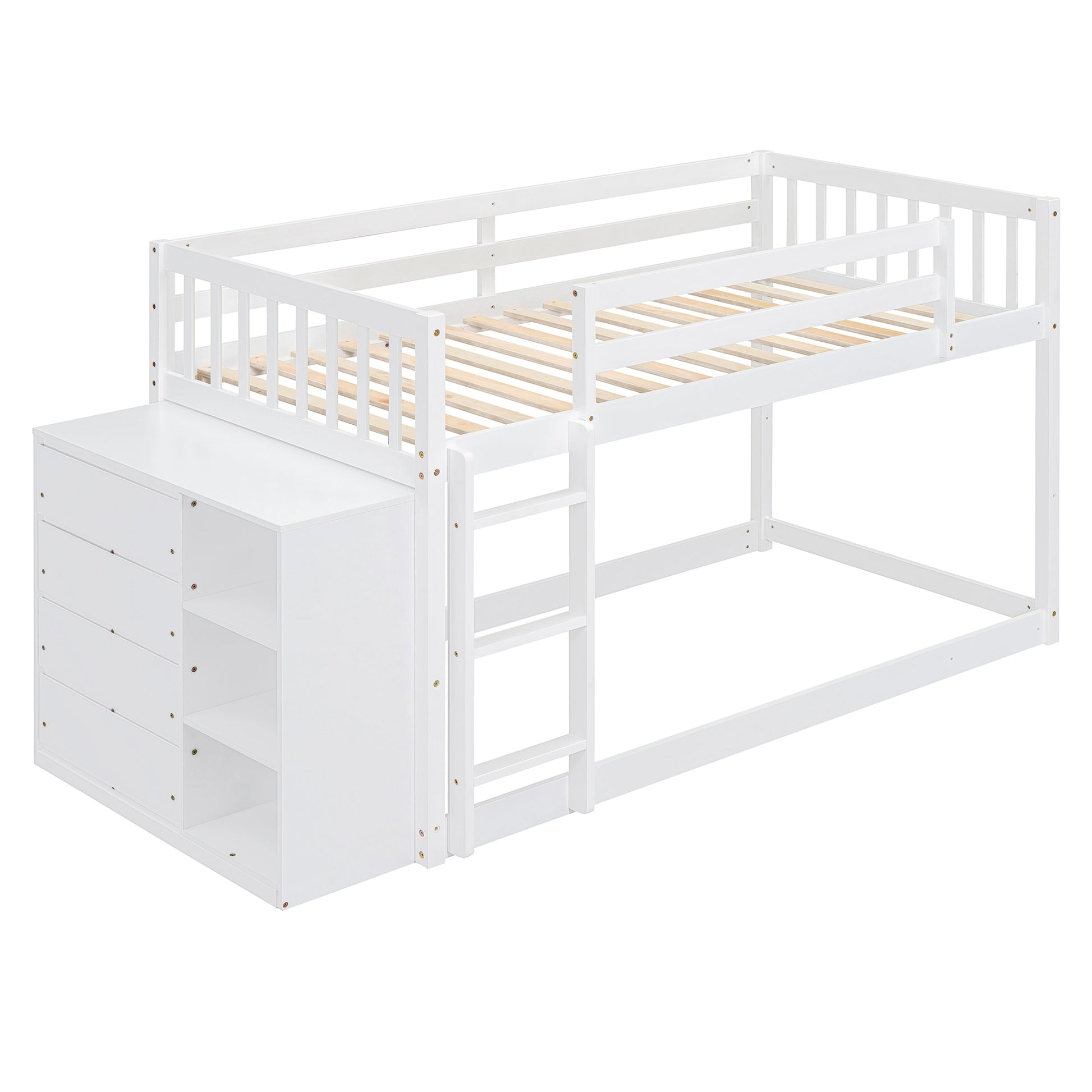 White wooden bunk bed with drawers and shelves