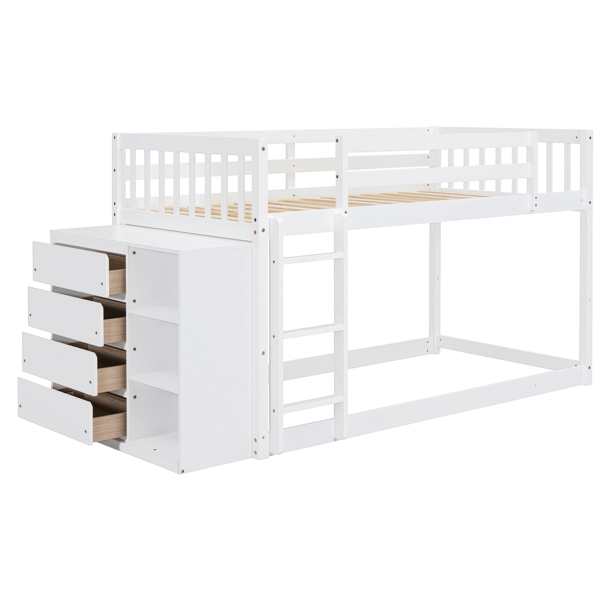 White wooden bunk bed with integrated drawers and shelves for kids room