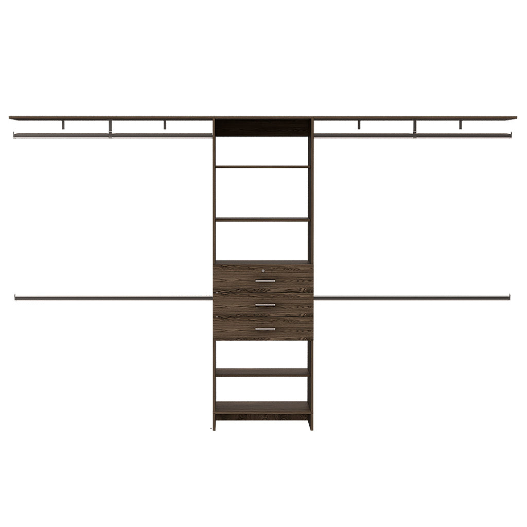 Dark wood closet organizer system with shelves and  drawers  characters