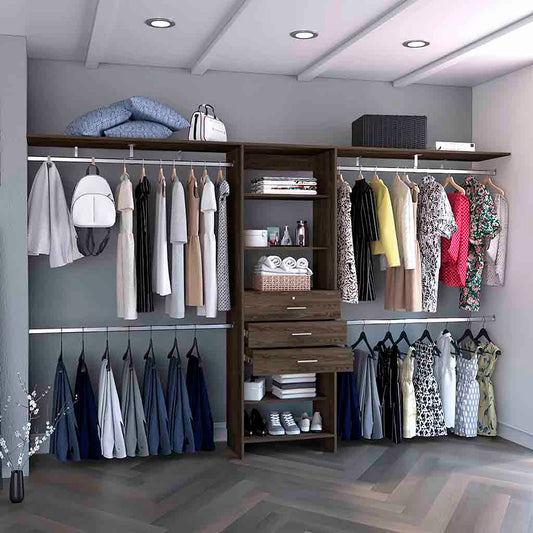Modular walkin closet system with dark wood finish and hanging clothes