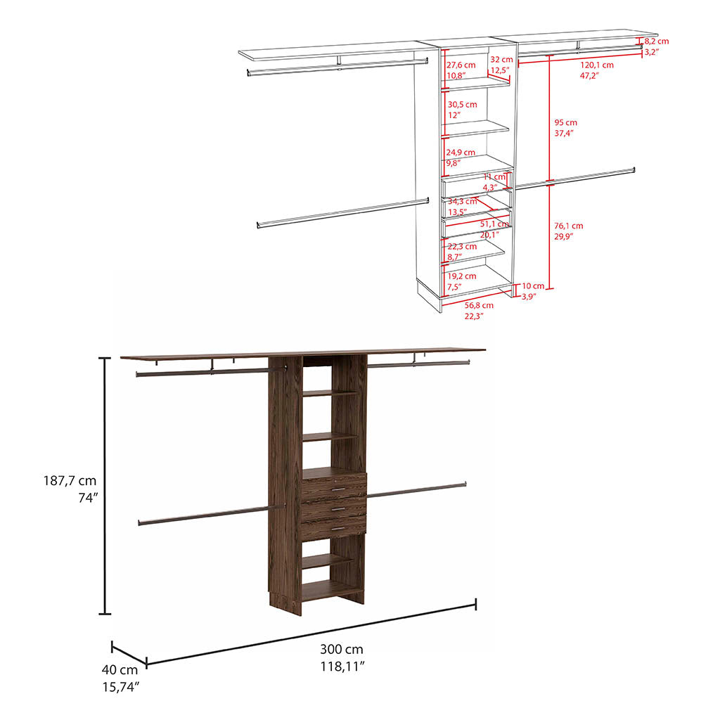 Closet system with dark wood finish featuring multiple shelves and drawers Ideal for organizing