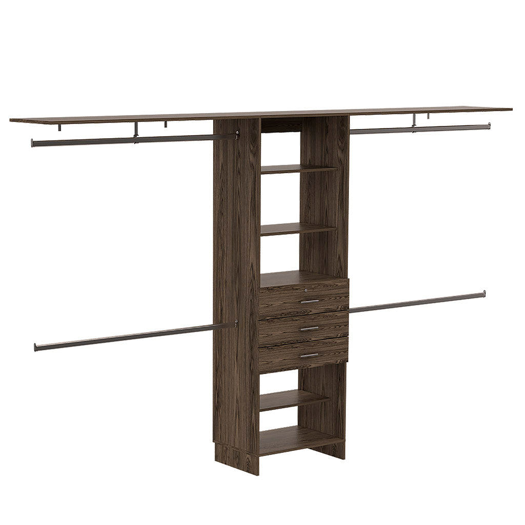 Dark wood closet system with shelves and drawers featuring double hanging rods