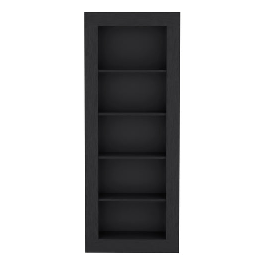Sleek black modern bookcase with five open shelves for stylish book storage
