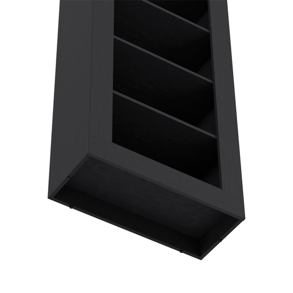 Black wooden modular bookshelf with visible shelves