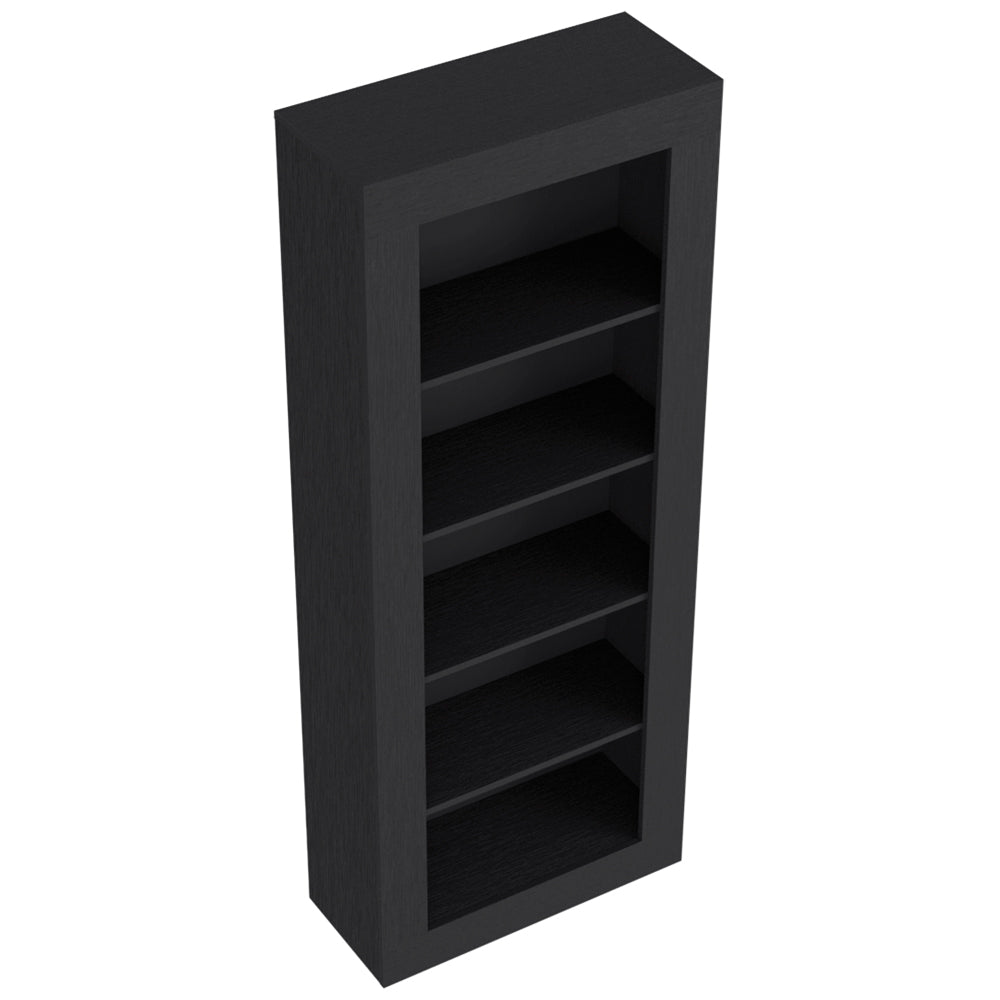 Sleek black tall bookcase with five shelves perfect for modern living rooms