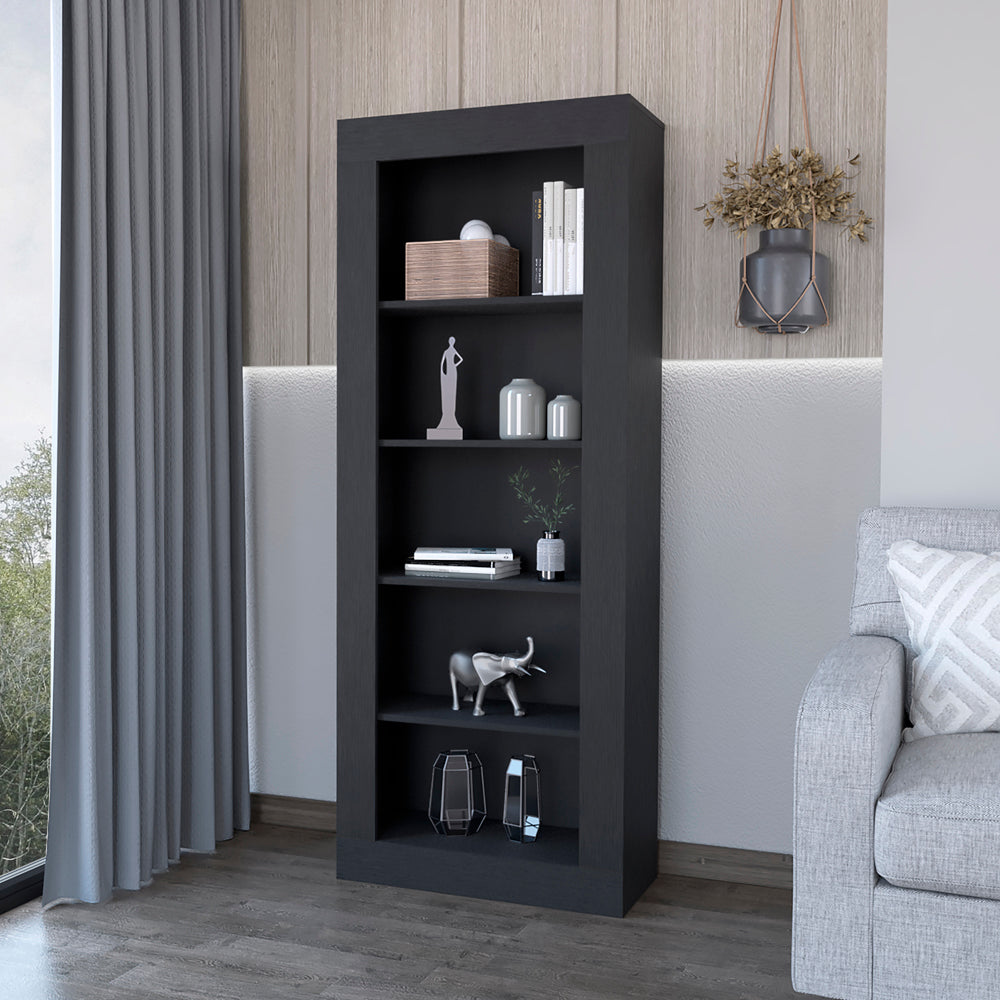 Tall dark grey bookshelf with five shelves displaying decor items
