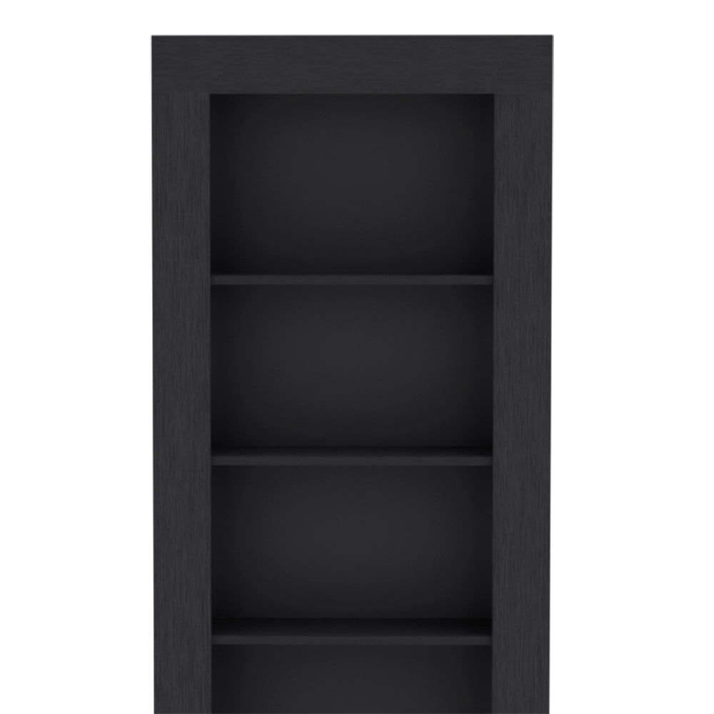 Sleek black modern bookshelf with four open shelves perfect for minimalist living spaces