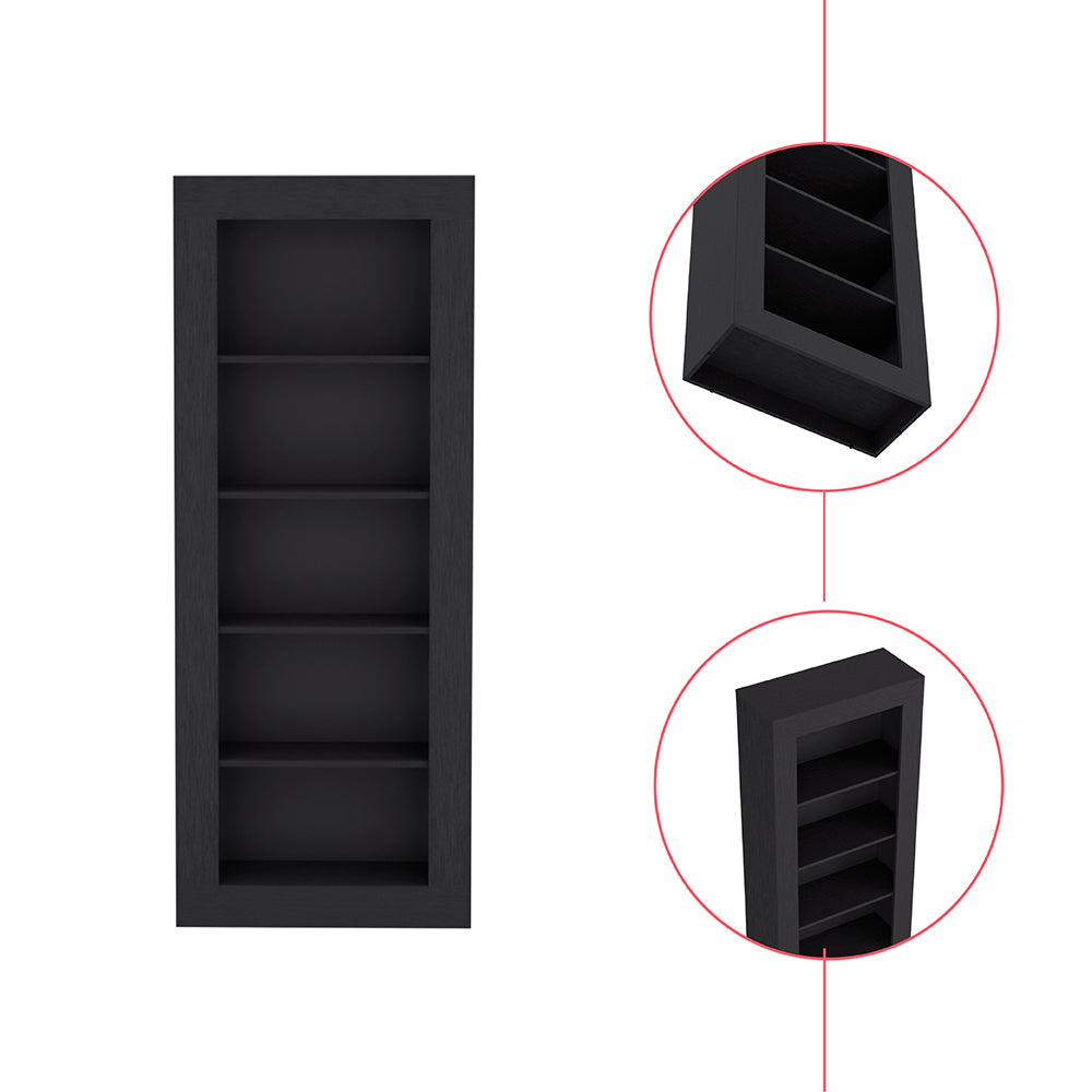 Dark wood narrow bookshelf with five shelves for books and decor