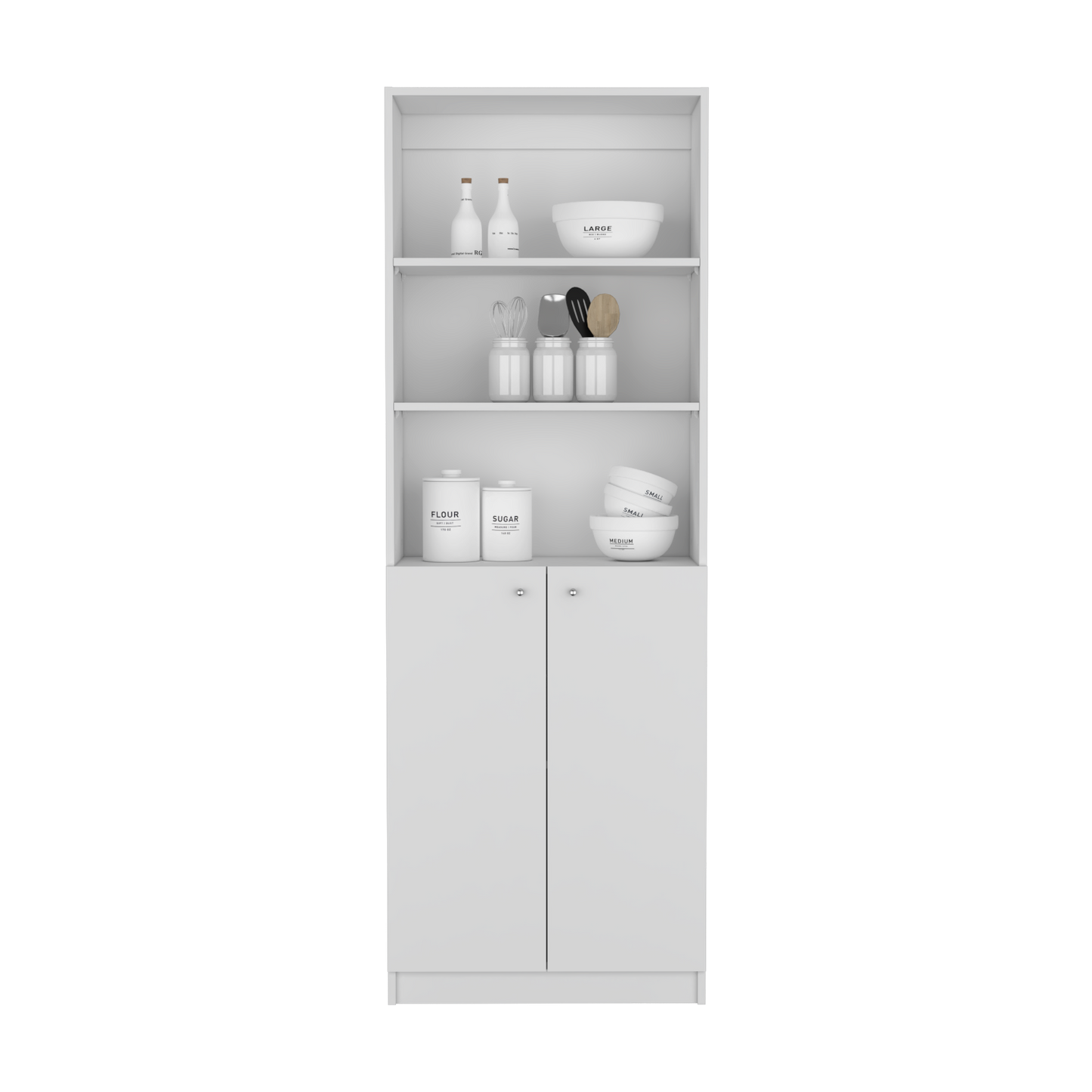 White kitchen pantry with two doors and open shelving holding canisters bowls and bottles