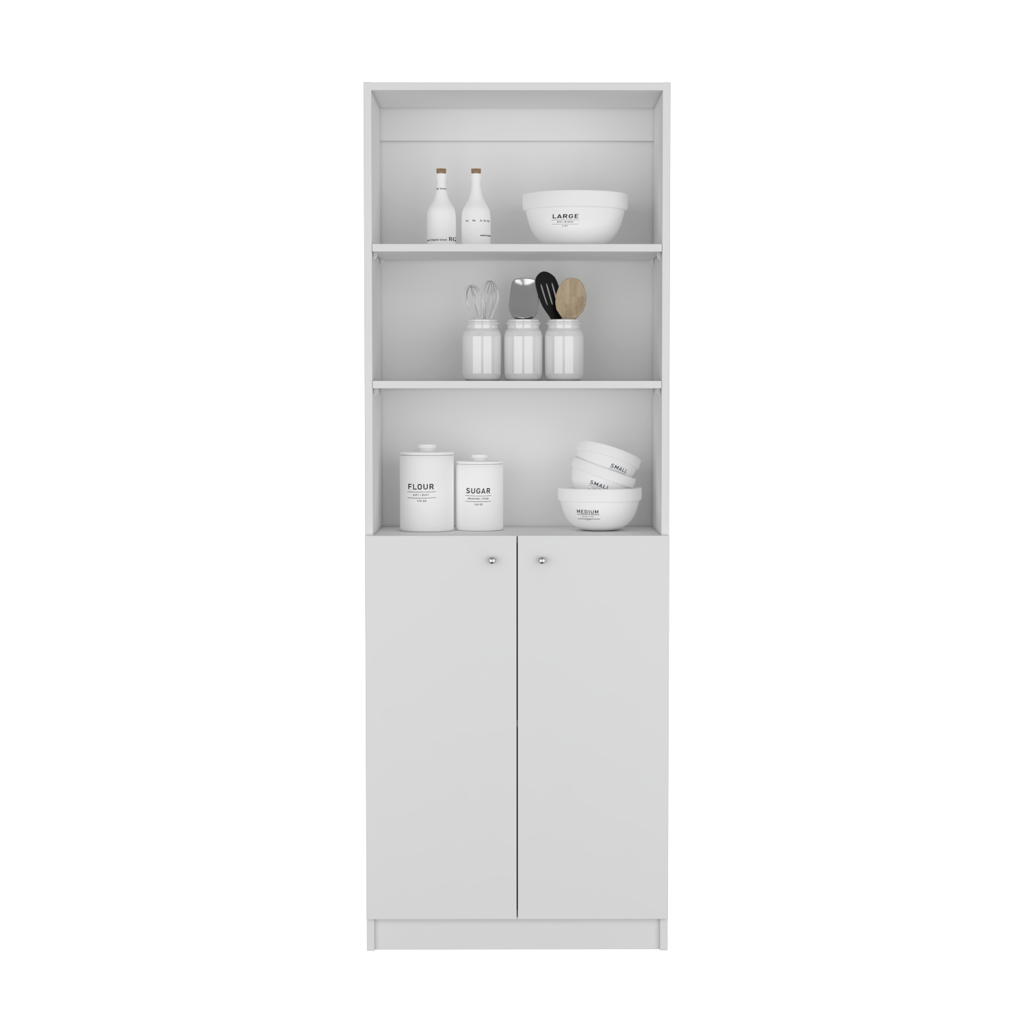White kitchen pantry with two doors and open shelving holding canisters bowls and bottles