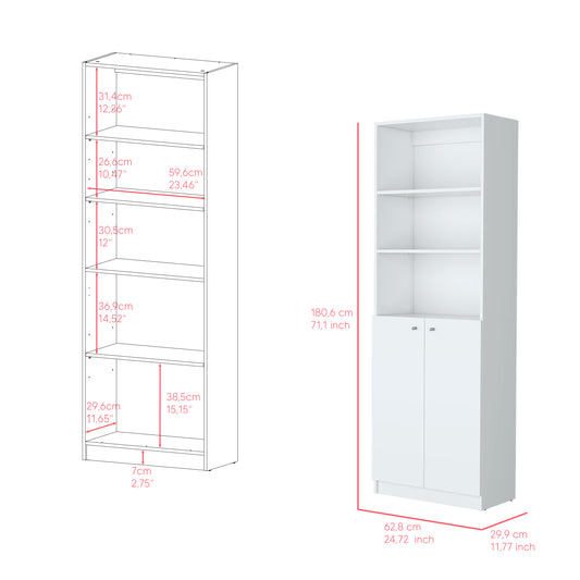 White tall bookcase with two doors and multiple shelves  inches high