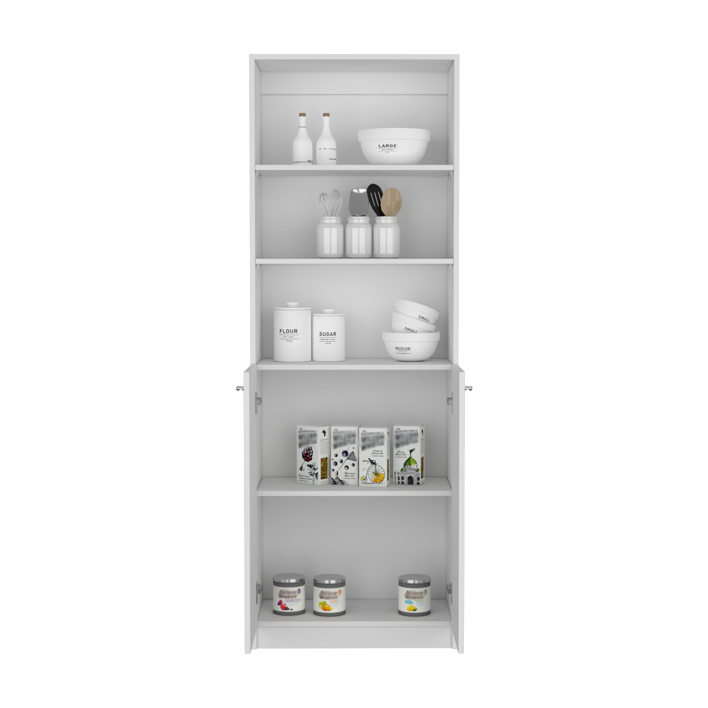 White kitchen storage cabinet filled with canisters and bowls
