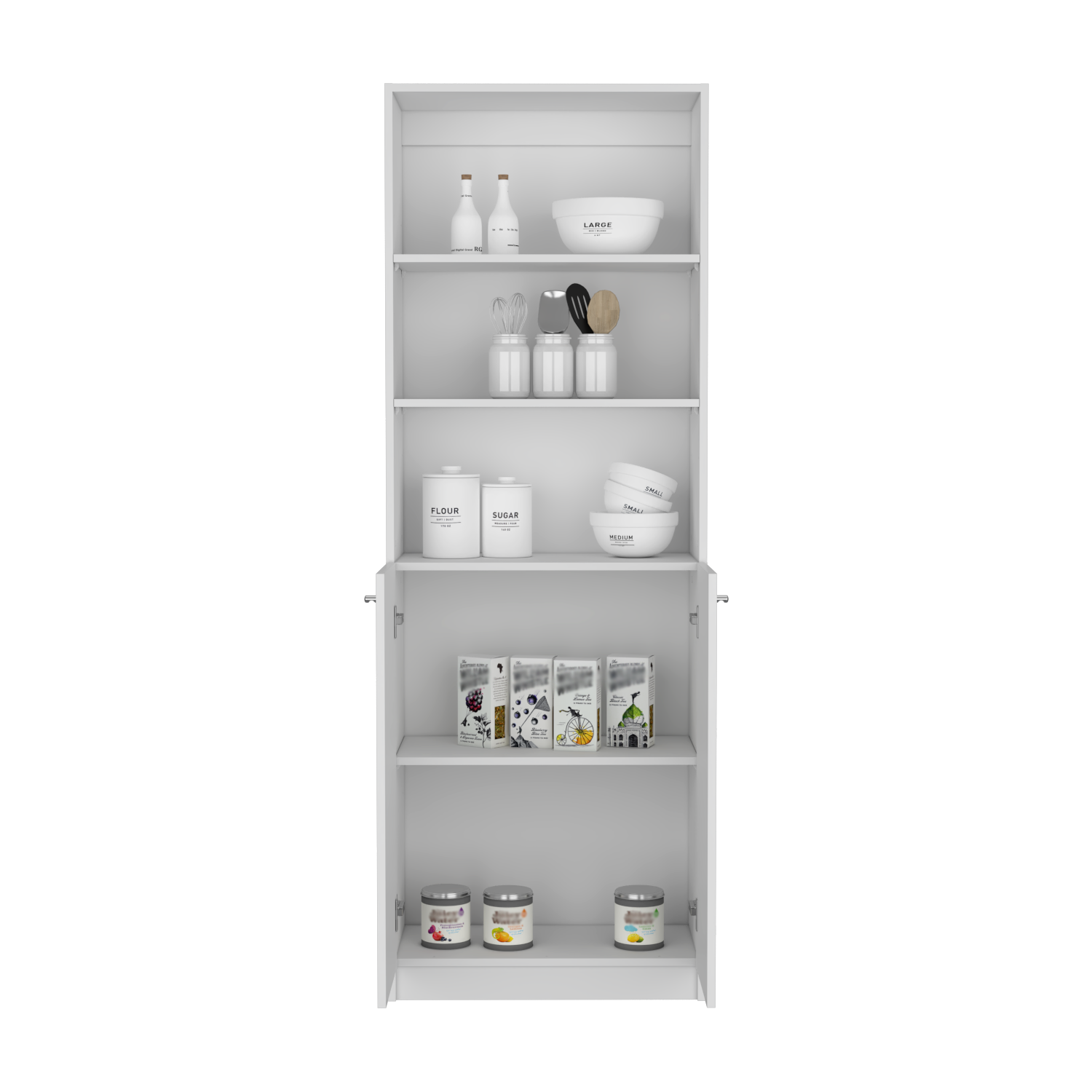 White kitchen storage cabinet filled with canisters and bowls