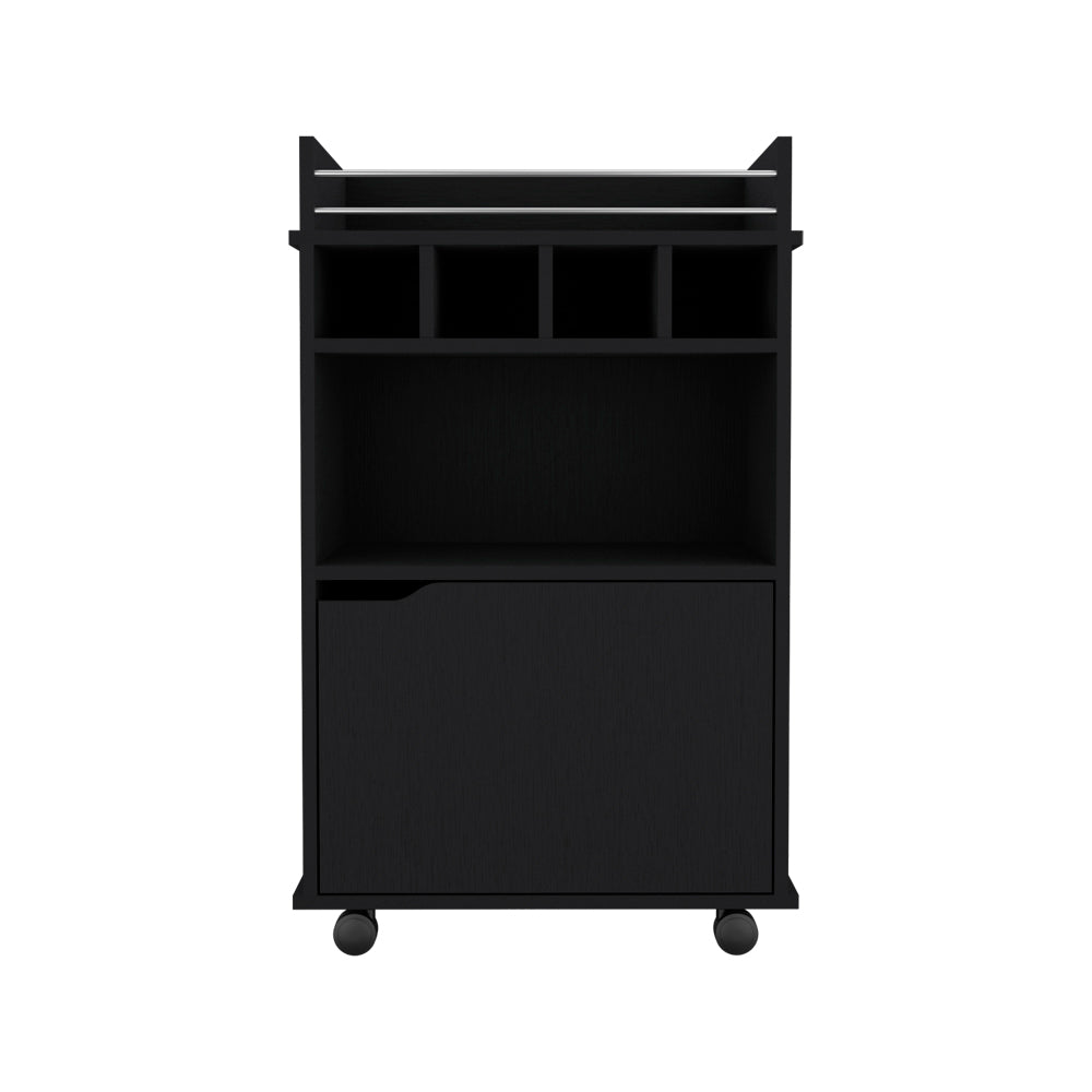 Black modern storage cart with open shelves and a drawer on wheels