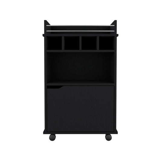 Black modern storage cart with open shelves and a drawer on wheels