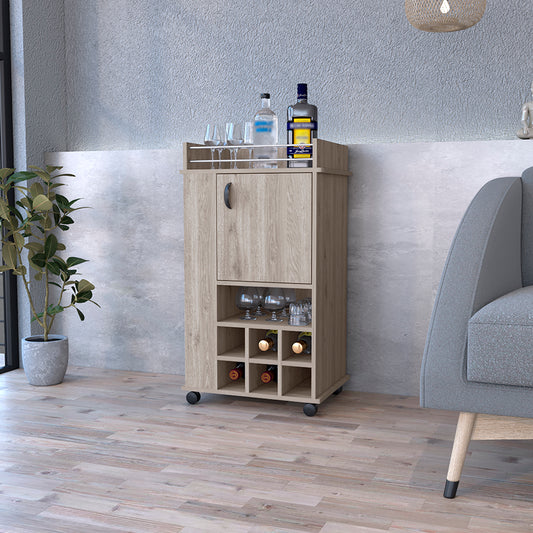Light oak bar cart with wine rack glass storage and caster wheels