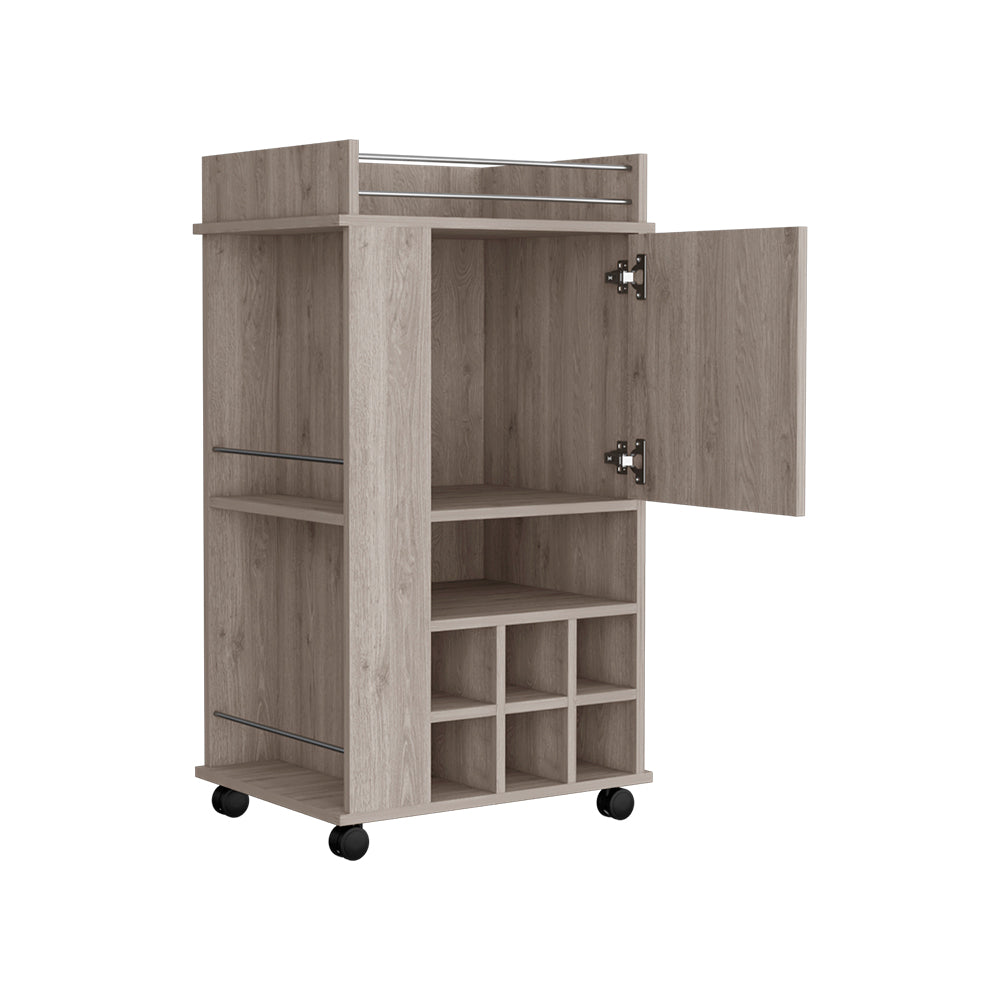 Gray wood rolling bar cart with wine rack and open cabinet door