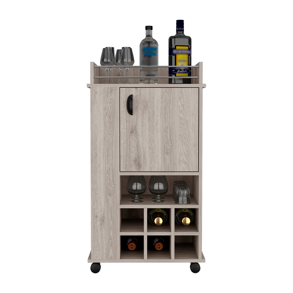 Light oak bar cart with single door wine rack and glassware storage