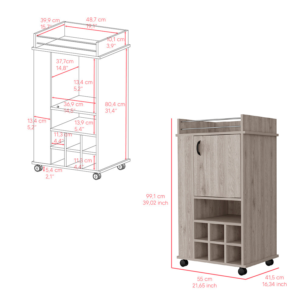 Light wood bar cart with wine rack and cabinet mobile serving solution