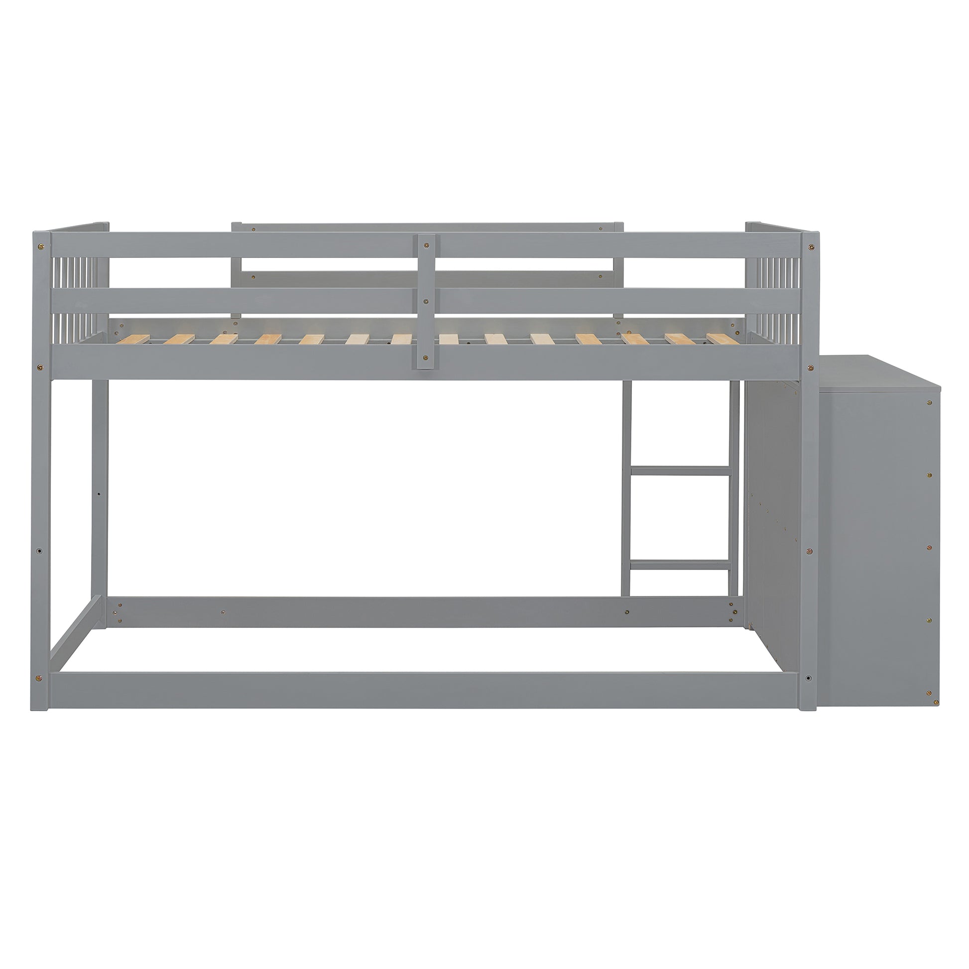 Gray wooden bunk bed with integrated storage cabinet and ladder
