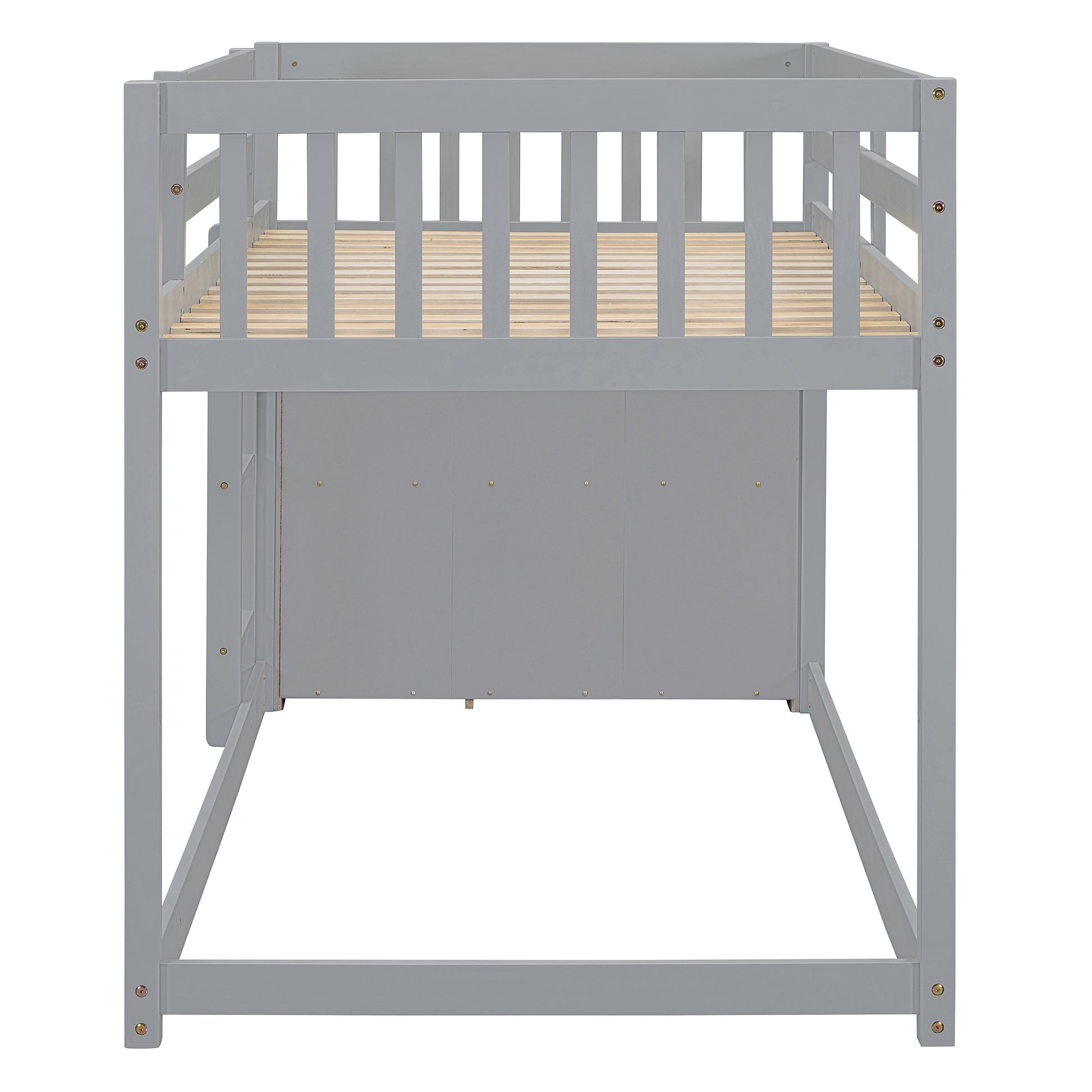 Gray twin loft bed frame with slatted wood base and safety rails