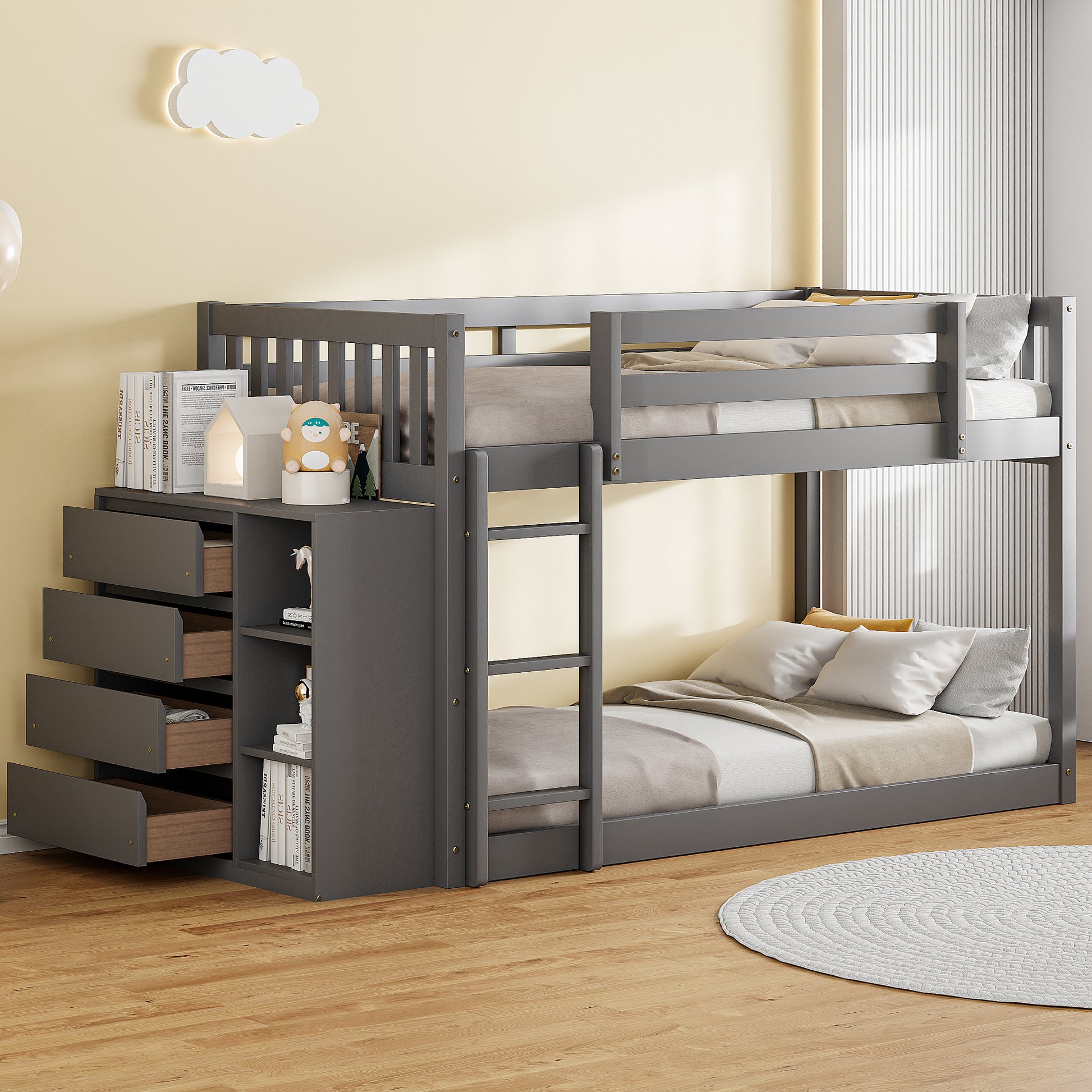 Gray wooden bunk bed with drawers and shelves
