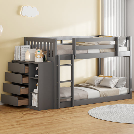 Gray wooden bunk bed with drawers and shelves