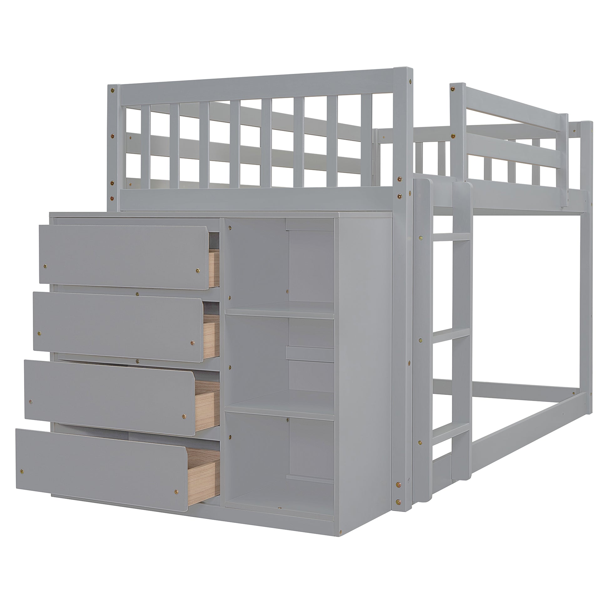 Gray loft bed with drawers and shelves
