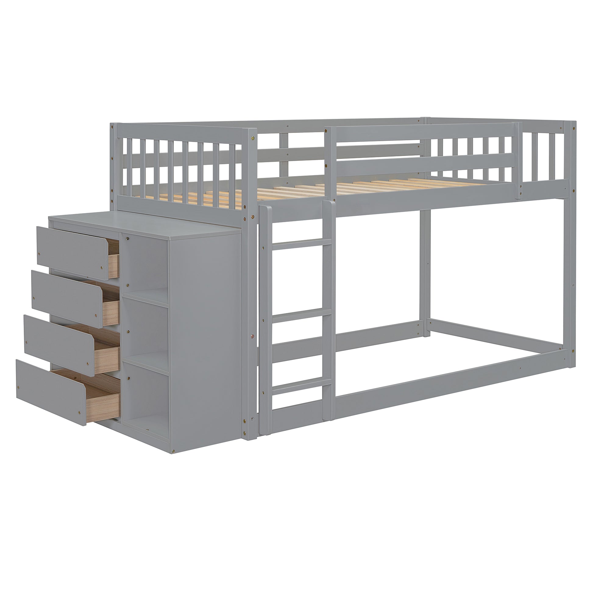 Gray wooden bunk bed with integrated storage drawers and ladder for kids