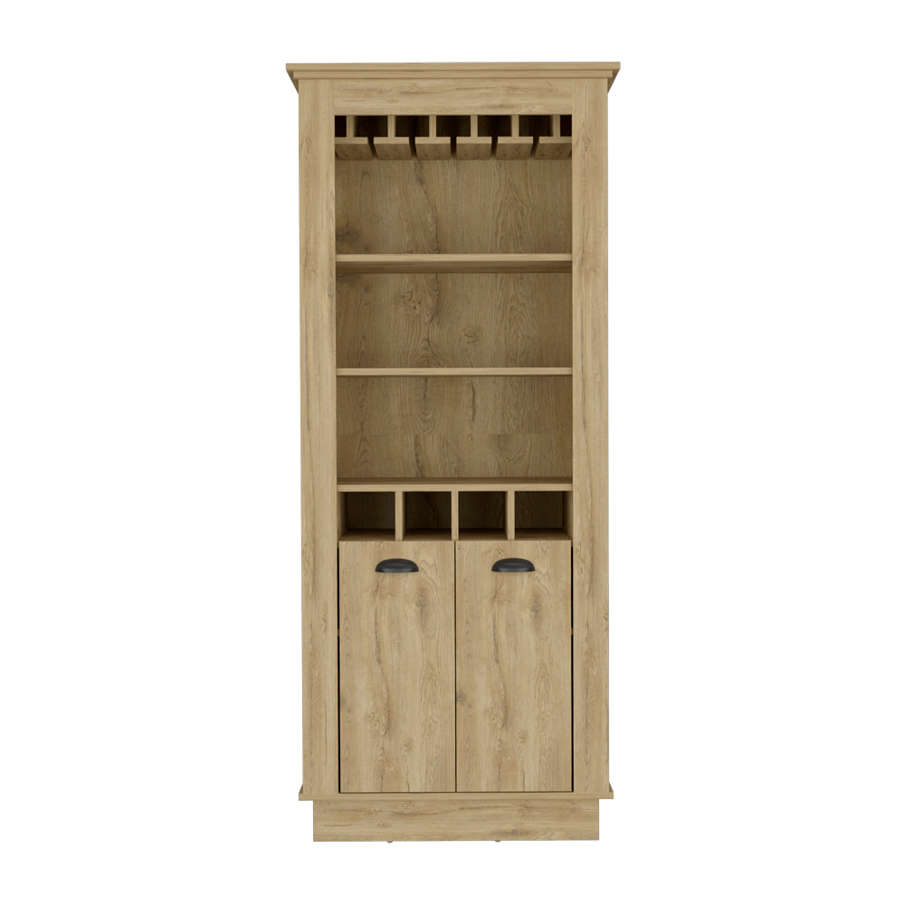 Tall oak wine cabinet with glass rack open shelves and two lower cabinets