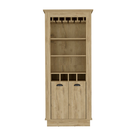 Tall oak wine cabinet with glass rack open shelves and two lower cabinets