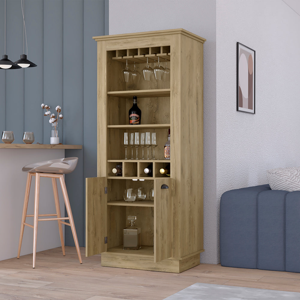 Light oak tall bar cabinet with glass holders wine racks and storage
