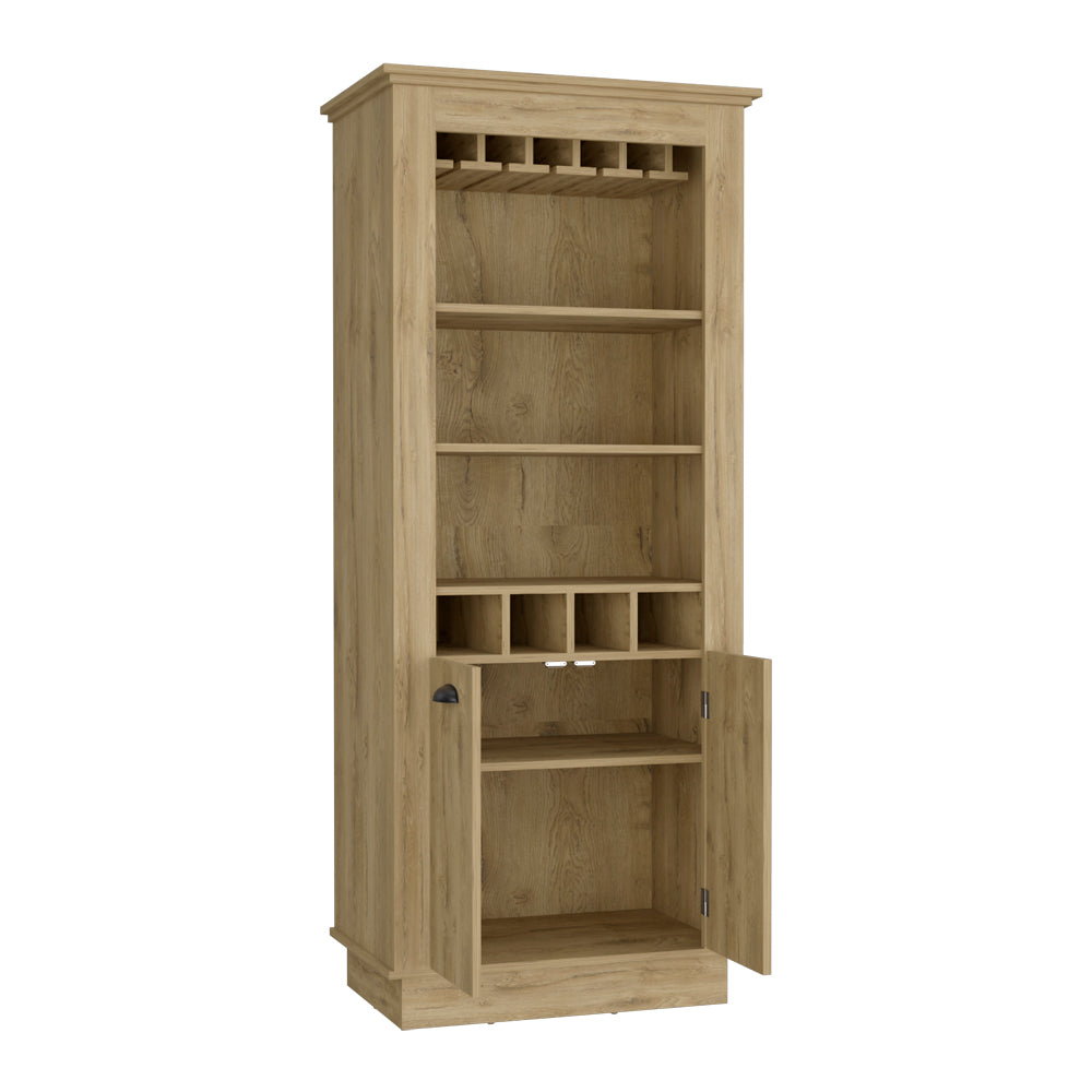 Tall oak wood bar cabinet with wine glass rack and open doors for display