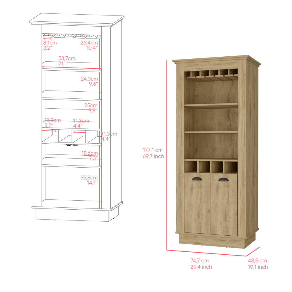 Tall oak finish bar cabinet with wine glass rack shelves and dual doors for home bar storage