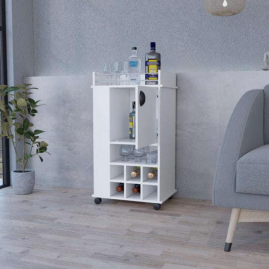 White rolling bar cart with wine rack and glass storage