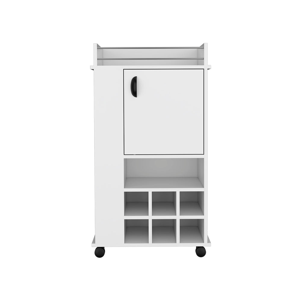 White mobile bar cart with wine cubbies and a closed cabinet compartment