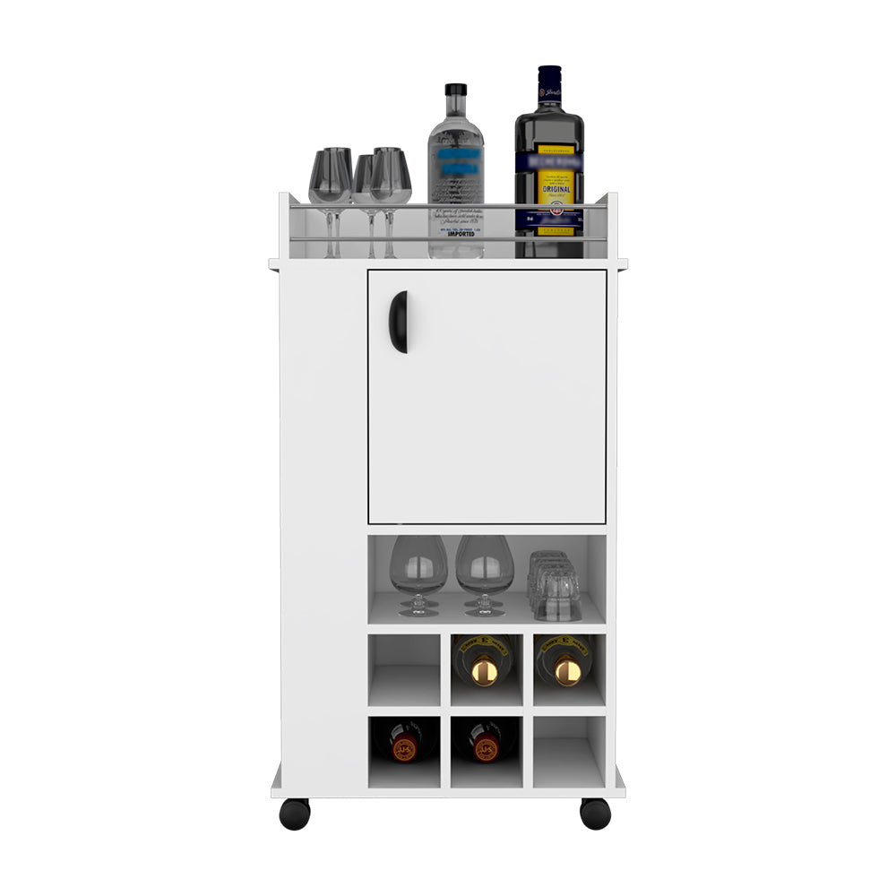 White mobile bar cart with bottle storage and glassware perfect for home entertaining