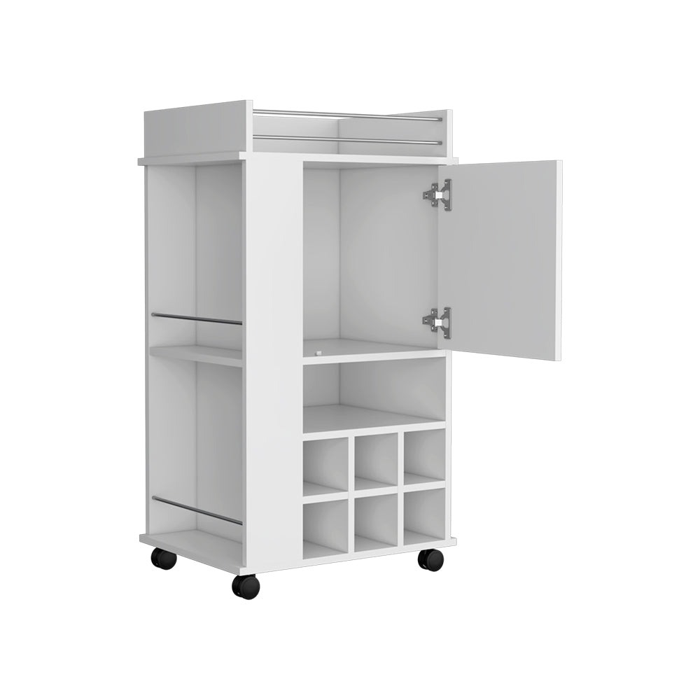 White mobile bar cart with open door wine rack and two shelves